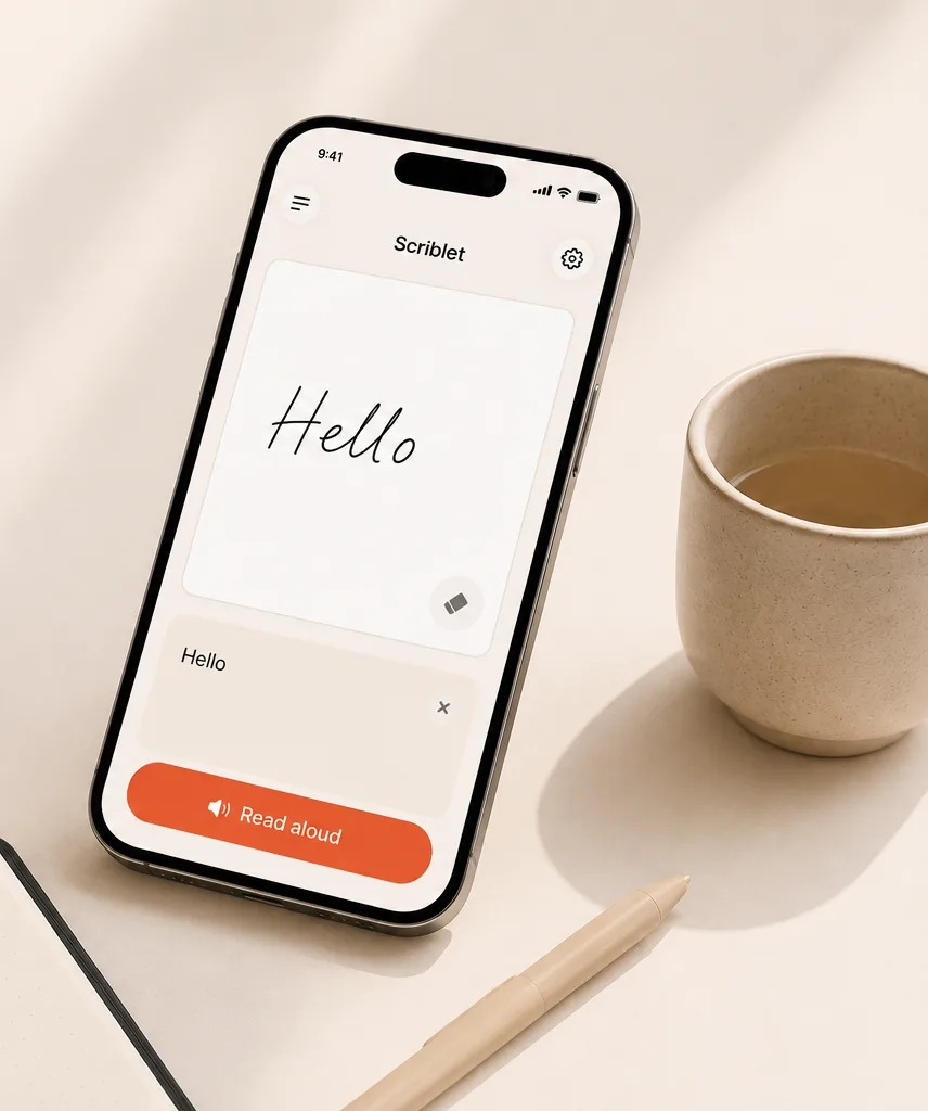 Scriblet auf dem iPhone: das handgeschriebene Wort „Hello“ wird zum vorgelesenen Satz.